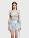 Glacier Frost — Ice-Blue Halter Corset Set