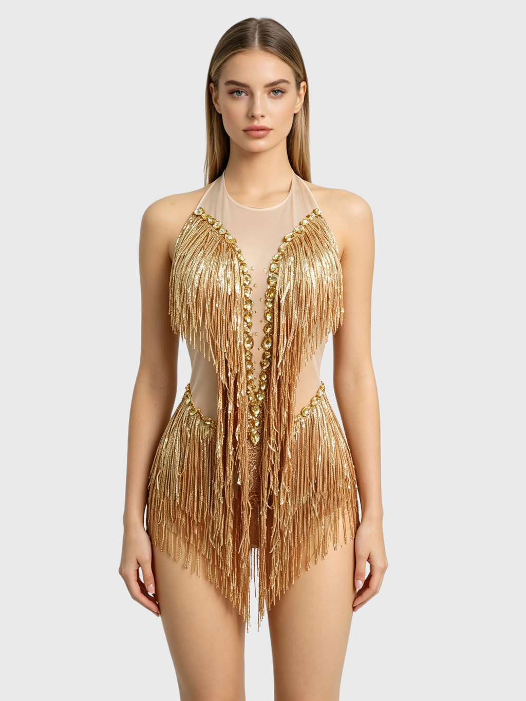 Golden Tassel — Gold Fringe Halter Bodysuit