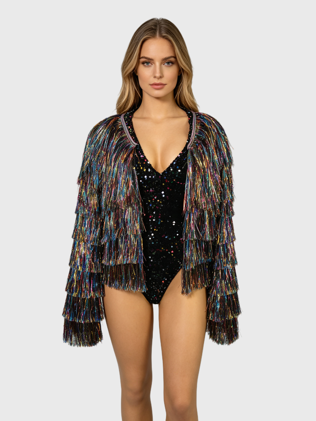 Prism Wave — Rainbow Fringe Jacket + Sequin Bodysuit