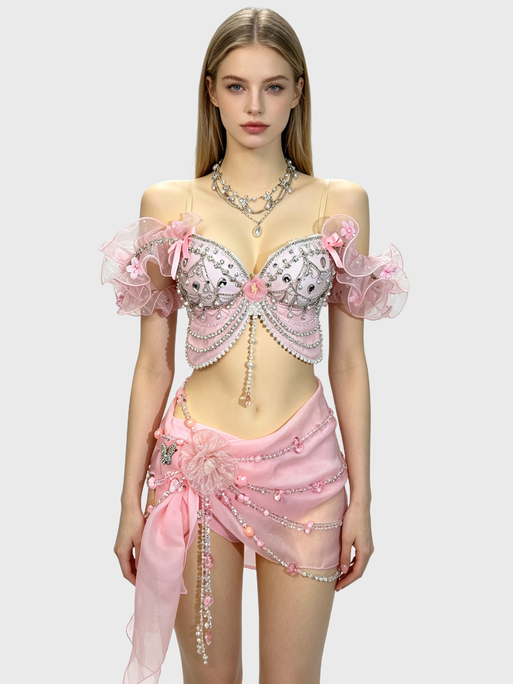 Pink Mermaid — Beaded Crop Top + Chiffon Skirt Set