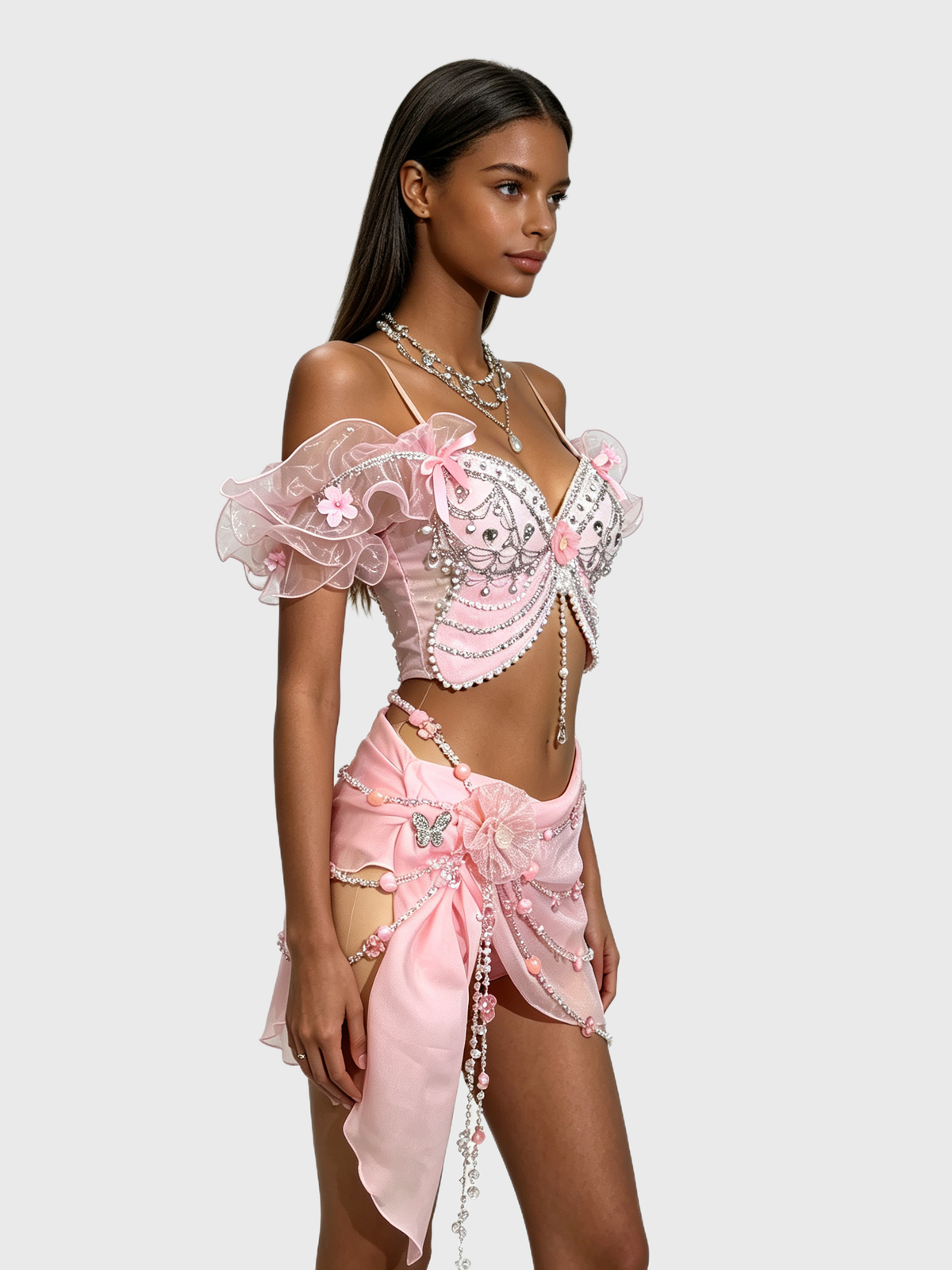 Pink Mermaid — Beaded Crop Top + Chiffon Skirt Set