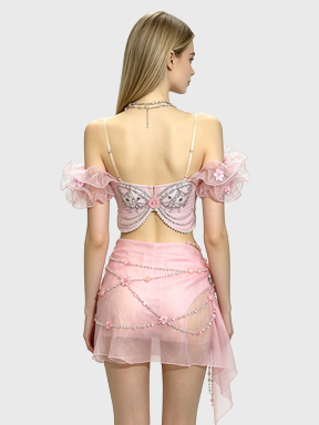 Pink Mermaid — Beaded Crop Top + Chiffon Skirt Set